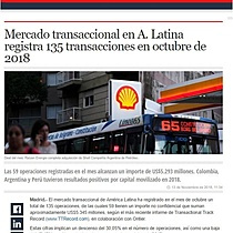 Mercado transaccional en A. Latina registra 135 transacciones en octubre de 2018